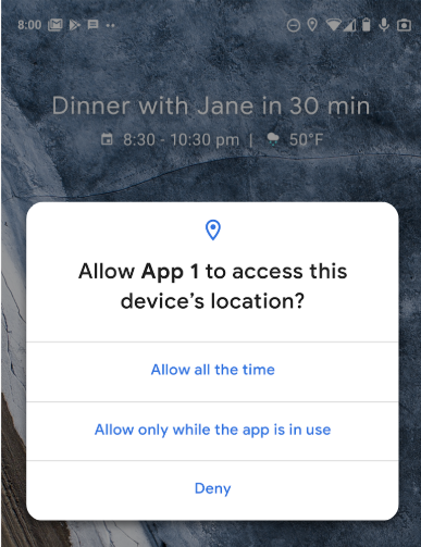 User selects one of these choices Tristate location permissions screen